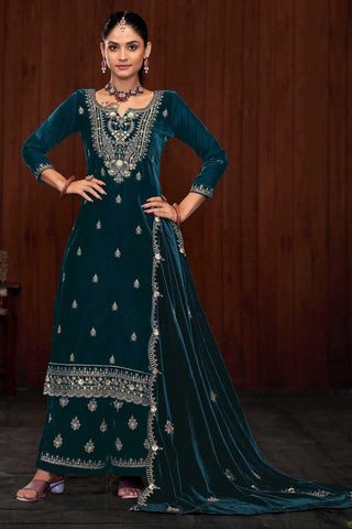 Classic Teal Color Function Wear Velvet Palazzo Suit - women's fashion mart