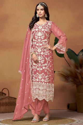 Classic Peach Color Function Wear Salwar Suit In Organza Fabric - women's fashion mart