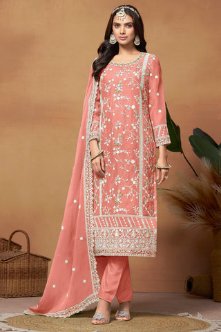 Alluring Organza Fabric Peach Color Embroidered Salwar Suit - women's fashion mart