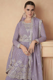 Embroidered Readymade Palazzo Suit In Chinon Silk Fabric Lavender Color.