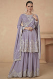 Embroidered Readymade Palazzo Suit In Chinon Silk Fabric Lavender Color.
