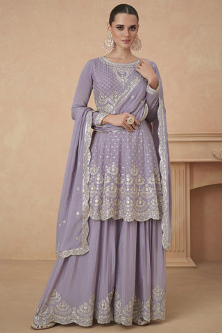 Embroidered Readymade Palazzo Suit In Chinon Silk Fabric Lavender Color.