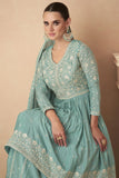 Embroidered Chinon Silk Fabric Readymade Palazzo Suit In Sea Green Color.