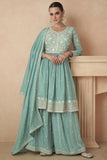 Embroidered Chinon Silk Fabric Readymade Palazzo Suit In Sea Green Color.