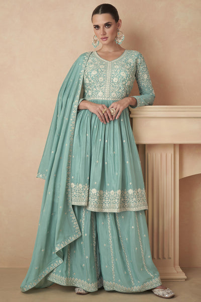 Embroidered Chinon Silk Fabric Readymade Palazzo Suit In Sea Green Color.