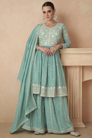 Embroidered Chinon Silk Fabric Readymade Palazzo Suit In Sea Green Color.