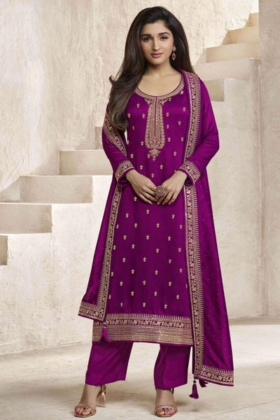 Nidhi Shah Festive Wear Embroidered Purple Salwar Suit In Georgette Silk Fabric.