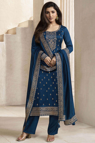 Nidhi Shah Georgette Silk Fabric Embroidered Salwar Kameez In Navy Blue Color.