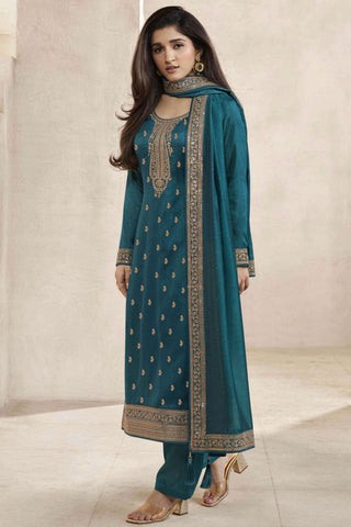 Nidhi Shah Teal Color Embroidered  Georgette Silk Salwar Suit.