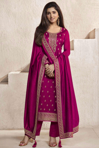 Nidhi Shah Embroidered Georgette Silk Fabric Rani Color Suit.