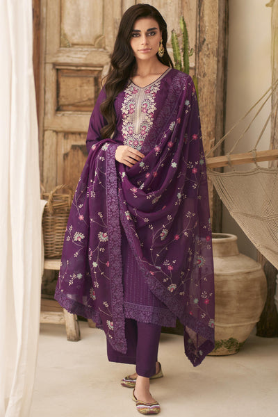 Art Silk Fabric Purple Color Embroidered Function Wear Palazzo Salwar Suit.