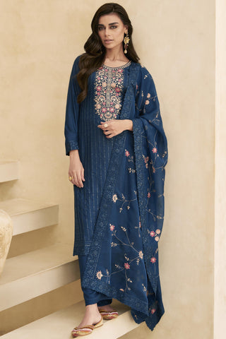 Art Silk Fabric Navy Blue Color Embroidered Palazzo Suit.