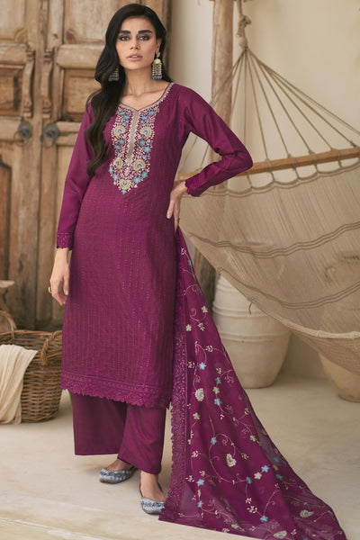 Burgundy Color Embroidered Art Silk Fabric Palazzo Salwar Kameez.
