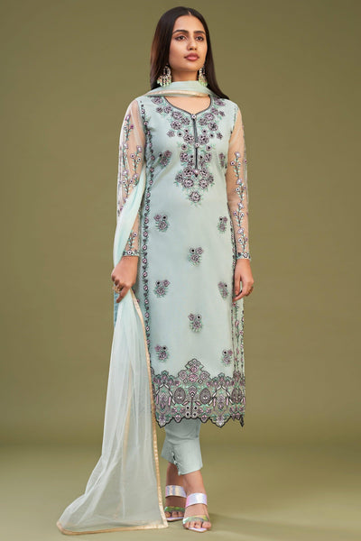 Festive Wear Embroidered Designer Straight Cut Salwar Suit In Net Fabric.