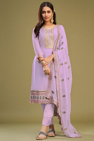 Beguiling Embroidered Lavender Color Georgette Fabric Salwar Suit.