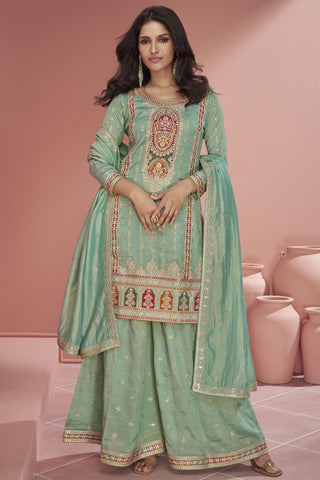 Vartika Singh Sea Green Color Organza Silk Readymade Beautiful Palazzo Suit.
