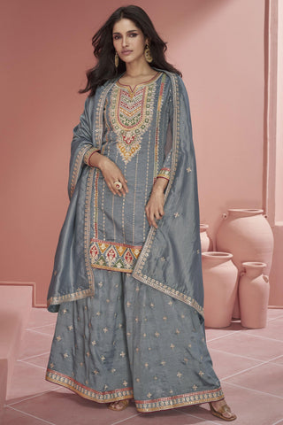 Vartika Singh Organza Silk Grey Color Fascinating Readymade Palazzo Suit.