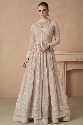 Peach Color Georgette Fabric Embroidered Readymade Long Anarkali Style Gown With Dupatta.