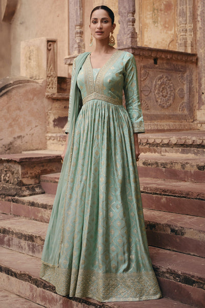 Jacquard Silk Fabric Embroidered Readymade Long Anarkali Style Gown With Dupatta.