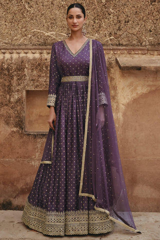 Embroidered Purple Color Readymade Long Anarkali Style Gown With Dupatta.