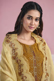 Chiffon Fabric Fancy Embroidered Function Wear Straight Cut Salwar Kameez In Mustard Color.