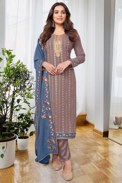 Ginni Kapoor Dark Beige Color Embroidered Salwar Suit In Georgette Chiffon Fabric.