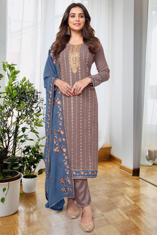 Ginni Kapoor Dark Beige Color Embroidered Salwar Suit In Georgette Chiffon Fabric.