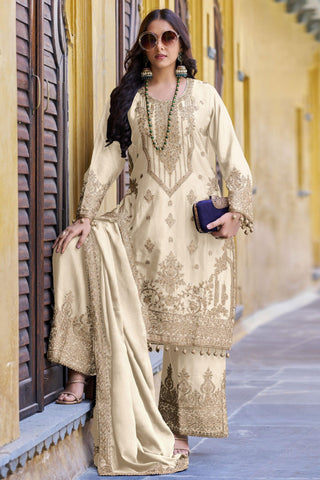 Chinon Fabric Beige Color Attractive Function Wear Readymade Palazzo Suit.