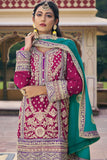 Embroidered Chinon Readymade Designer Salwar Kameez In Rani Color.