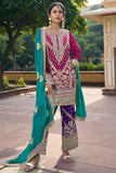 Embroidered Chinon Readymade Designer Salwar Kameez In Rani Color.