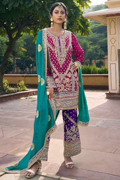 Embroidered Chinon Readymade Designer Salwar Kameez In Rani Color.