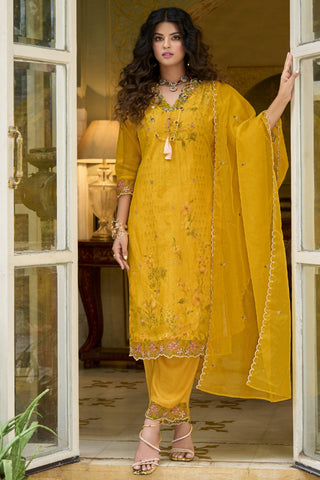 Yellow Color Embroidered Straight Cut Salwar Kameez In Organza Fabric.