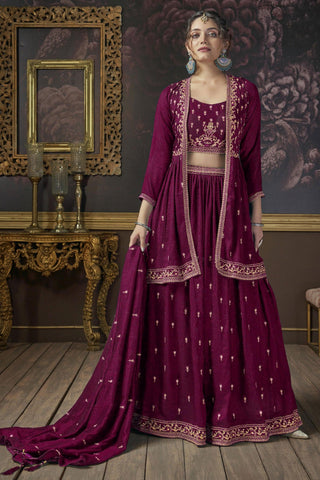 Art Silk Fabric Embroidered Glamorous Lehenga With Long koti In Burgandy Color.