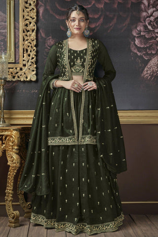 Art Silk Fabric Embroidered Magnificent Lehenga With Long koti In Mehendi Green Color.