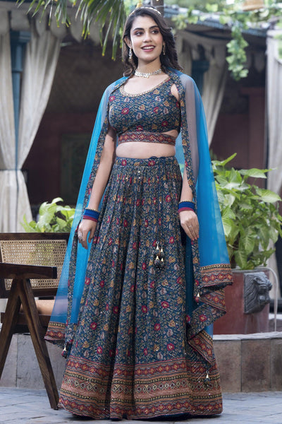 Teal Color Printed Sangeet Wear Readymade Lehenga Choli In Chinon Fabric.