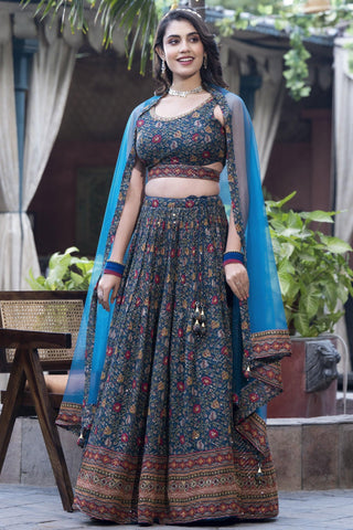 Teal Color Printed Sangeet Wear Readymade Lehenga Choli In Chinon Fabric.