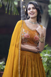 Mustard Color Chinon Fabric Printed Designer Readymade Lehenga Choli.