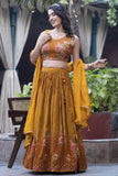 Mustard Color Chinon Fabric Printed Designer Readymade Lehenga Choli.