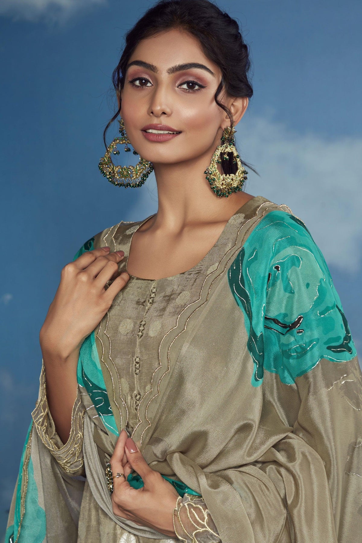 Embroidered Function Wear Palazzo Suit In Organza Fabric Dark Beige Color.