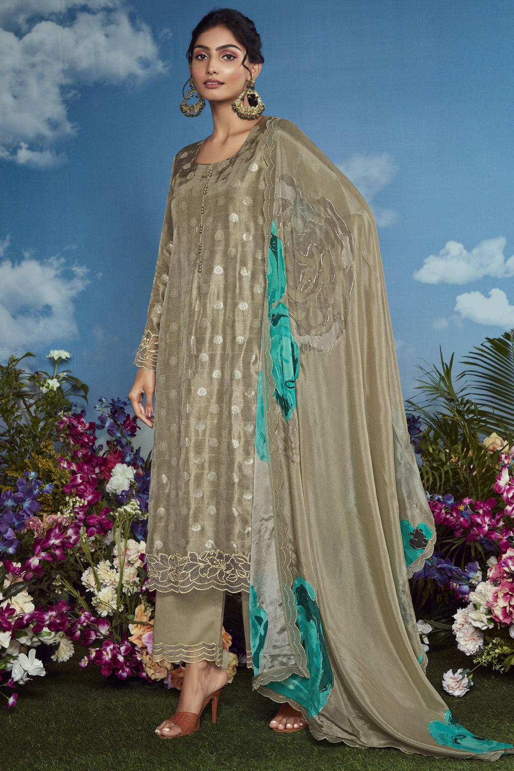 Embroidered Function Wear Palazzo Suit In Organza Fabric Dark Beige Color.