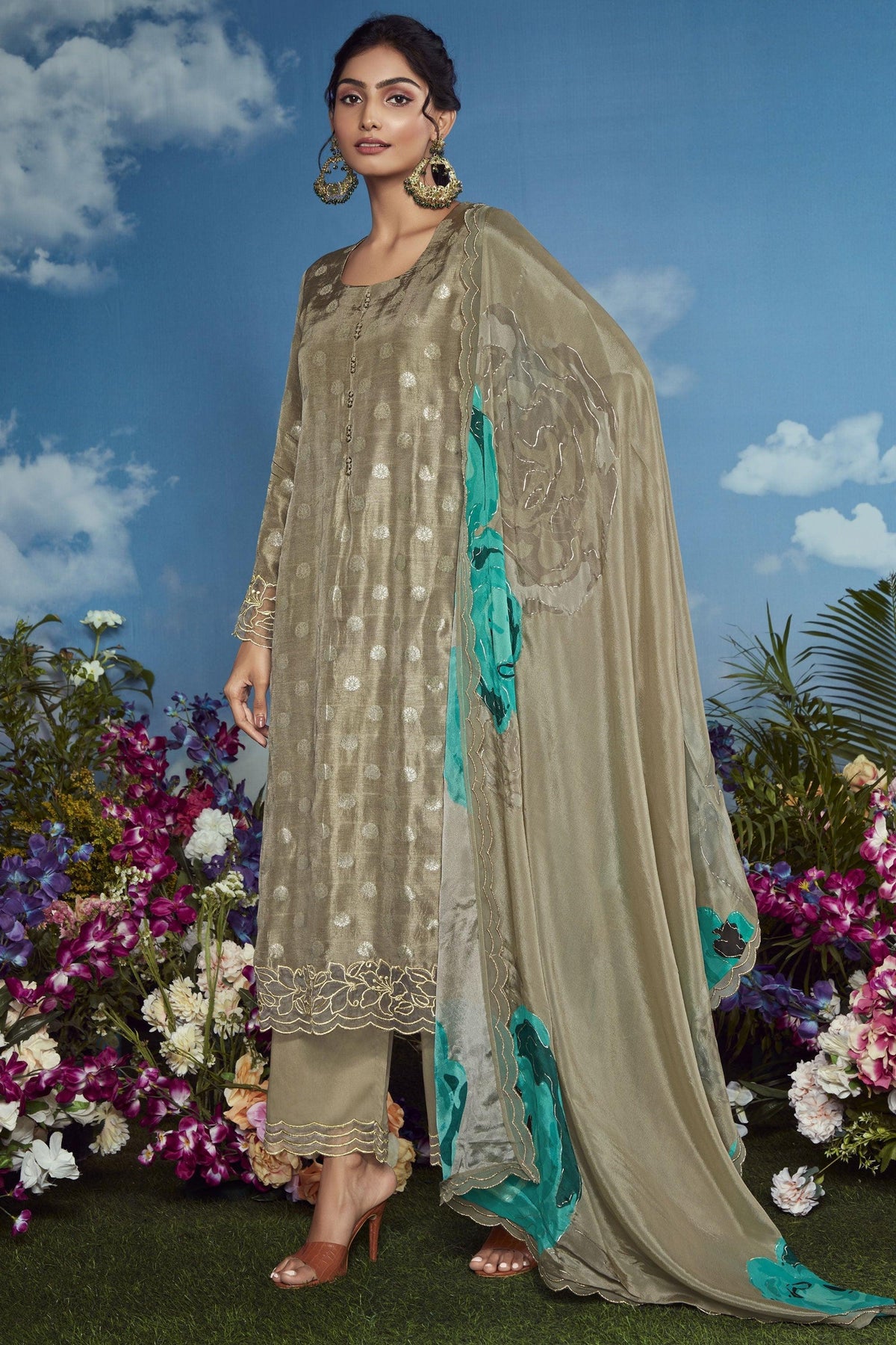 Embroidered Function Wear Palazzo Suit In Organza Fabric Dark Beige Color.