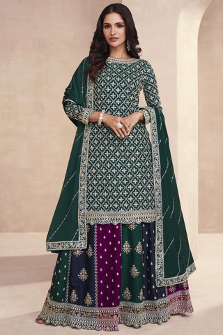 Dark Green Chinon Silk Fabric Readymade Embroidered Sharara Top Lehenga.