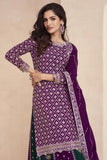 Chinon Silk Fabric Designer 3 Piece Embroidered Readymade Purple Sharara Top Lehenga.