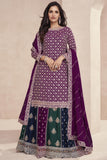 Chinon Silk Fabric Designer 3 Piece Embroidered Readymade Purple Sharara Top Lehenga.