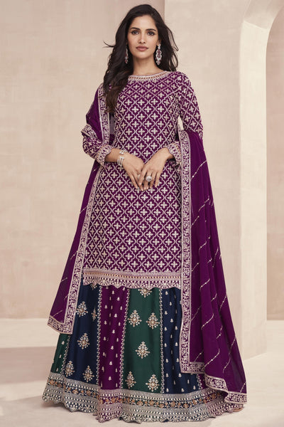 Chinon Silk Fabric Designer 3 Piece Embroidered Readymade Purple Sharara Top Lehenga.