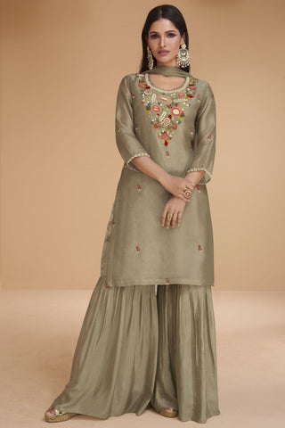 Tempting Dark Beige Color Organza Silk Readymade Sharara Suit.