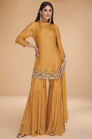 Radiant Mustard Color Readymade Sharara Suit In Organza Silk.