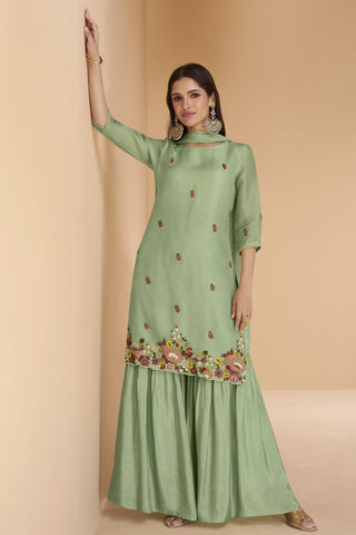 Alluring Organza Silk Readymade Sharara Suit In Sea Green Color.