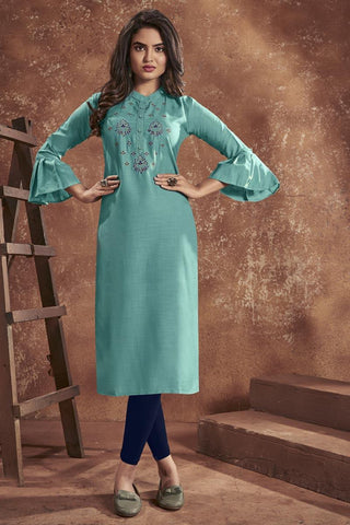 Cyan Color Daily Wear Embroidered Kurti In Cotton Fabric.