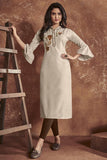 Cotton Fabric Office Wear Beige Color Embroidered Kurti.
